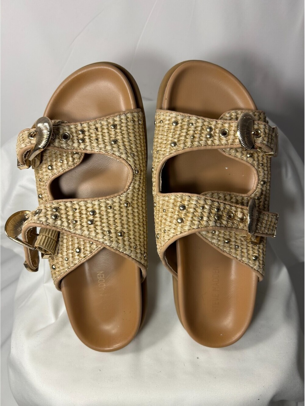 Steve Madden Connely Raffia Slide Sandals Women Double Buckle Studded 8.5